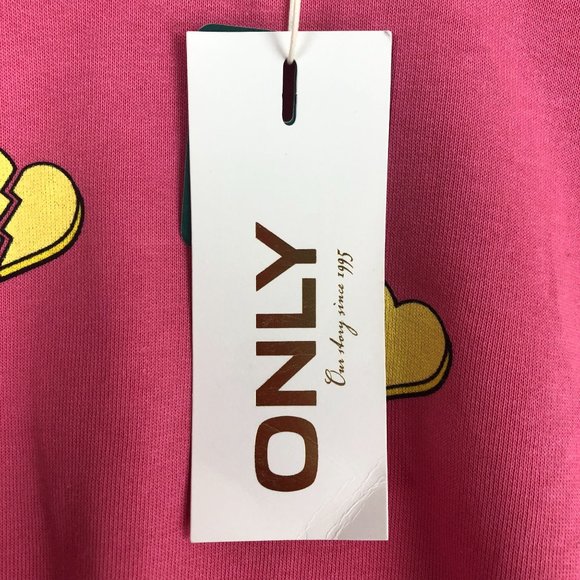 ONLY NWT Women's Size S Pink Lemonade Yellow Hearts O-Neck Cropped Sweatshirt - Picture 7 of 11